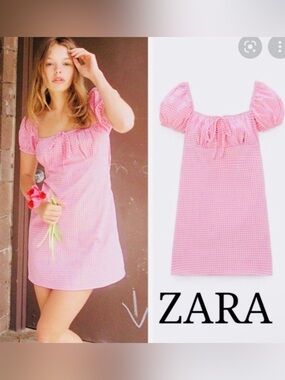 Zara Pink Gingham Square-Neck Puff-Sleeve Mini Dress